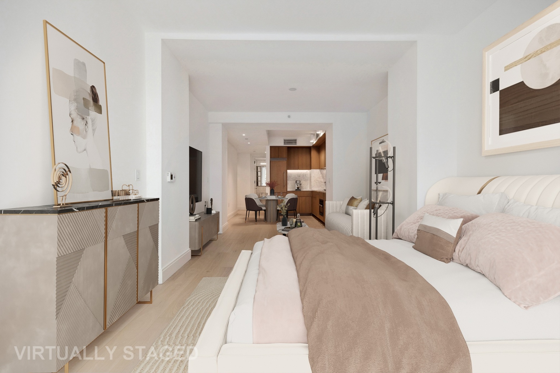 Virtually staged bedroom and living area with kitchen view