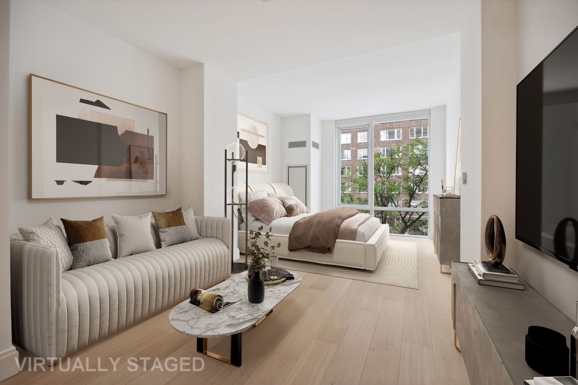 Open living area with floor-to-ceiling windows and 7-inch white oak plank flooring