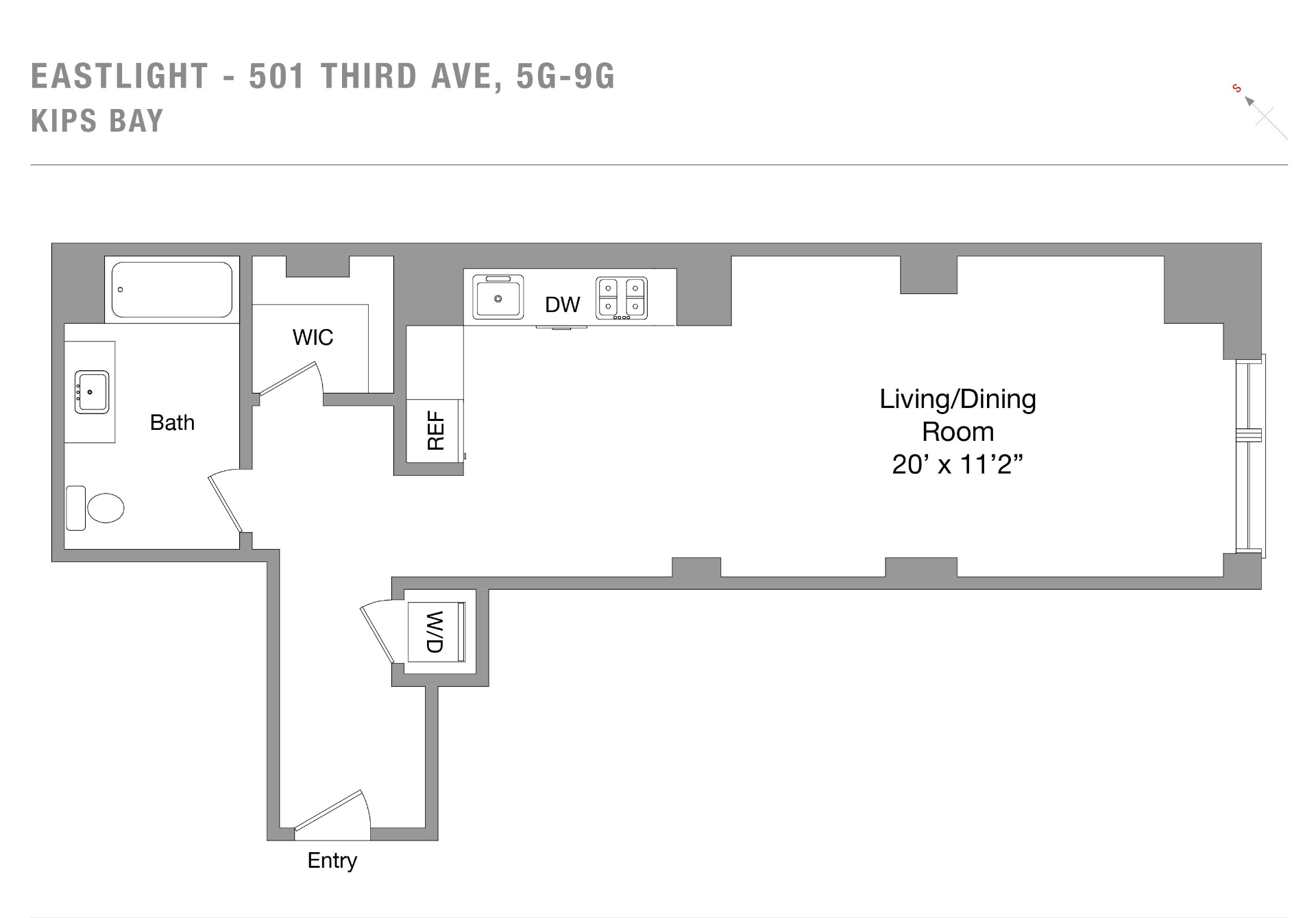 Floor plan of Residence 5G at Eastlight, 501 Third Avenue — 605 sq ft alcove studio with south-facing living/dining room, full bath, walk-in closet, and in-unit washer/dryer