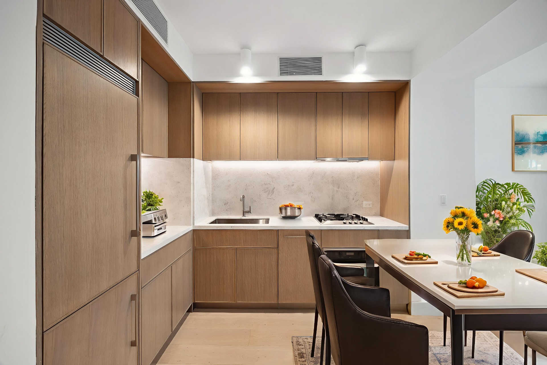 Custom oak kitchen with white marble countertops and integrated Miele appliances